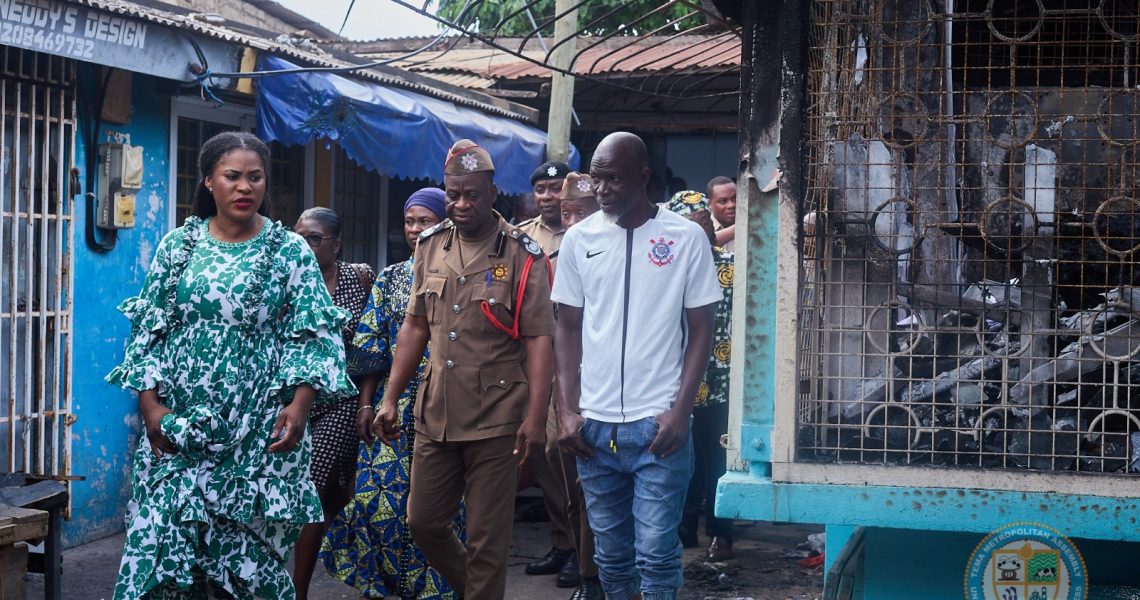 MAYOR EBI BRIGHT INSPECTS FIRE INCIDENT AT TEMA COMMUNITY ONE MARKET.